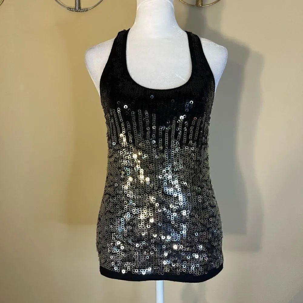 Jeknit Black Silver Gradient Ring Sequin Racerback Tank Top Small